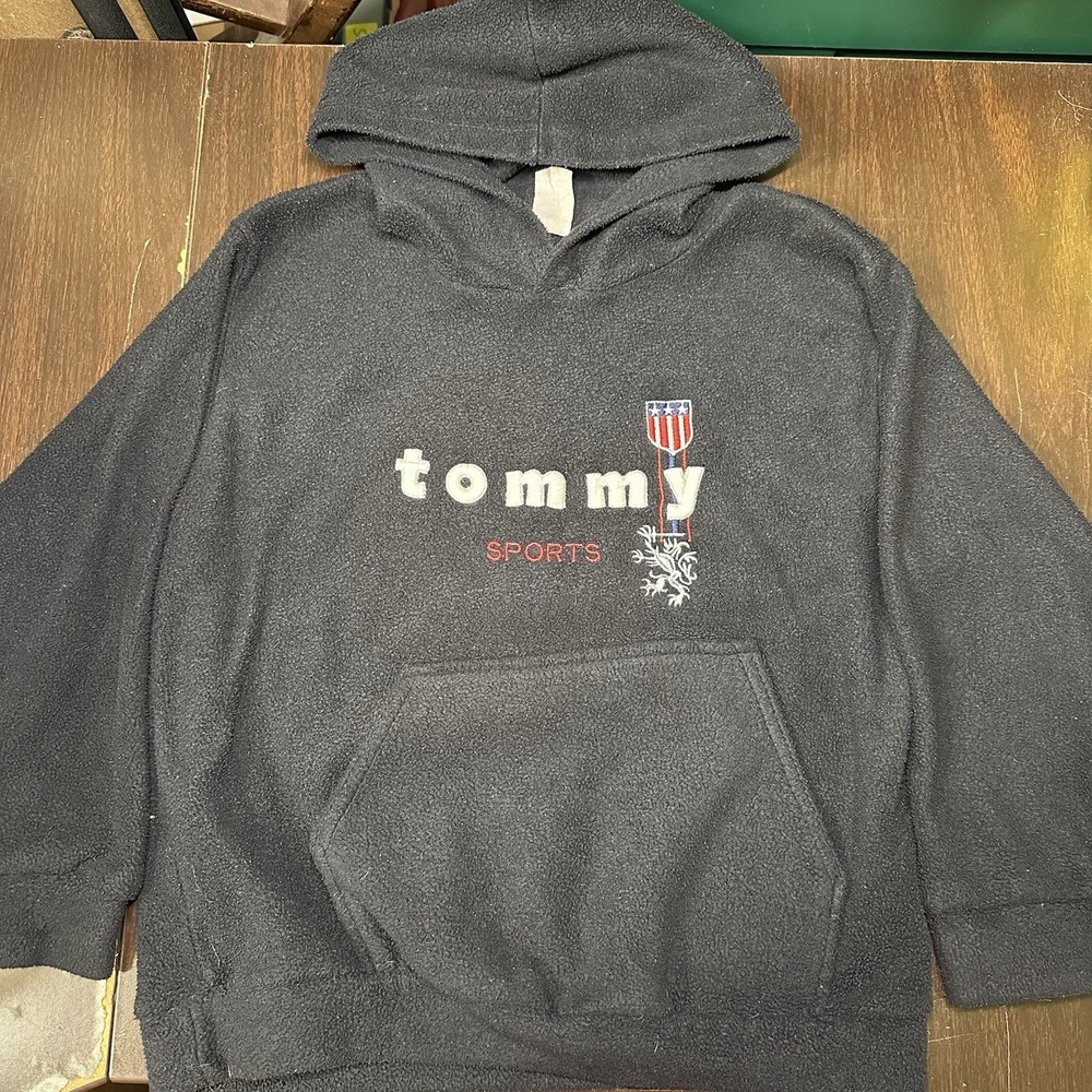 Vintage Tommy Sports Black Fleece Hoodie Pullover Youth 6/7 (Estimated) Logo Y2K